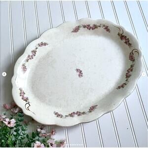 Antique Limoges Porcelain Oval Platter Tray Pink Rose Gold Embellishments